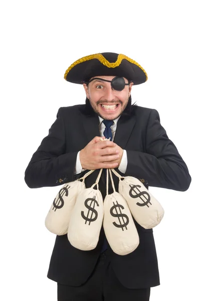 Hombre de negocios pirata sosteniendo bolsas de dinero aisladas en blanco — Foto de Stock