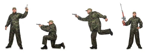 Soldado con arma aislada en el blanco — Foto de Stock
