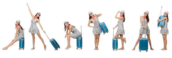 带着白色行李箱的旅行妇女 — 图库照片