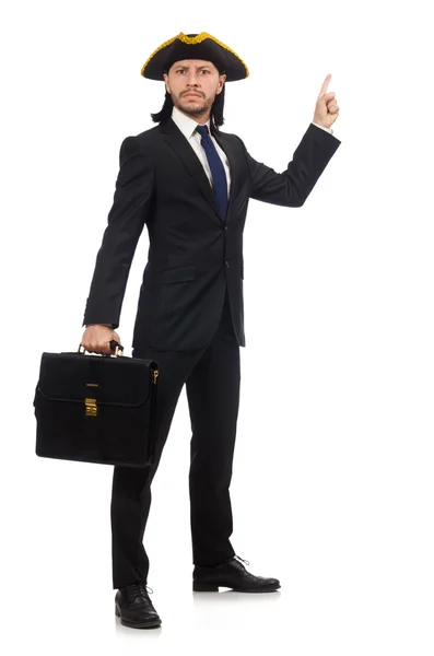 Бизнесмен с трикорном и портфелем изолирован на белом — стоковое фото