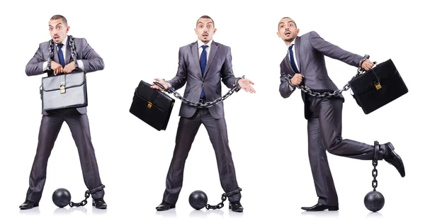 Businessman with shackles on white — Stock Photo, Image