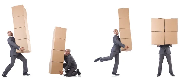 Collage of photos with man and boxes — Stock Photo, Image