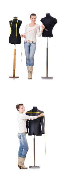 Žena krejčí pracuje na šaty — Stock fotografie