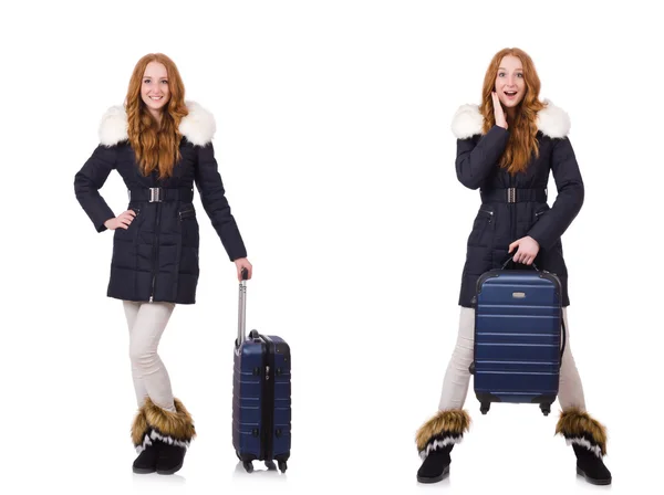 Woman with suitcase preparing for winter vacation — Stock Photo, Image