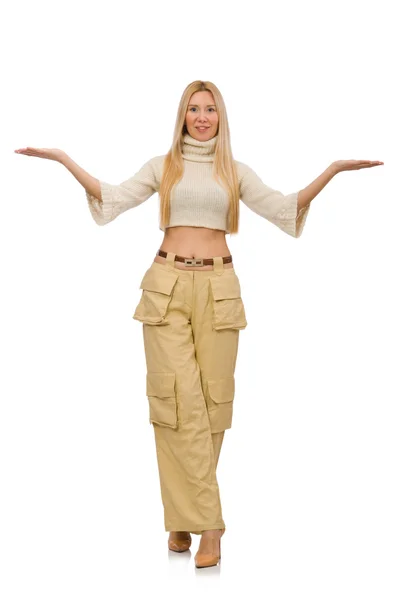 Mujer bonita en pantalones beige aislados en blanco — Foto de Stock