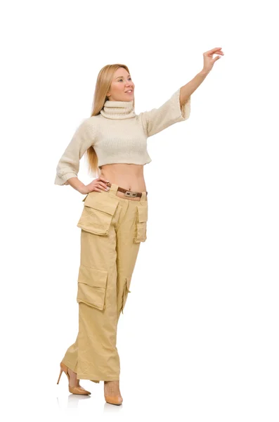Vacker kvinna i beige byxor isolerad på vit — Stockfoto