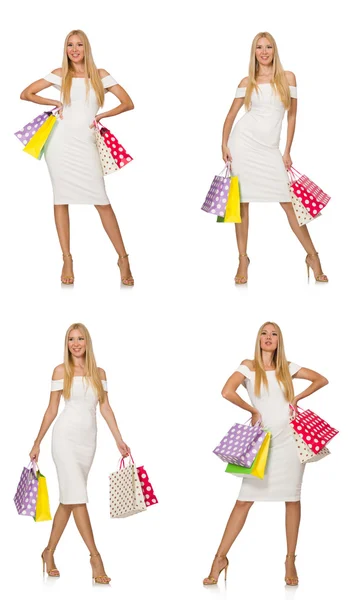 Жінка з сумками ізольовані на білому — стокове фото