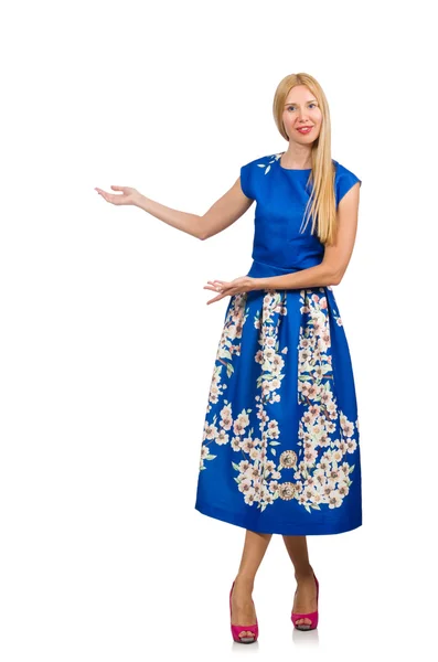 Woman in long blue folral dress isolated on white — Stock Photo, Image