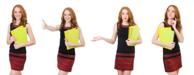 Çeşitli pozlardaki genç öğrenci beyazlar içinde izole edilmiş.