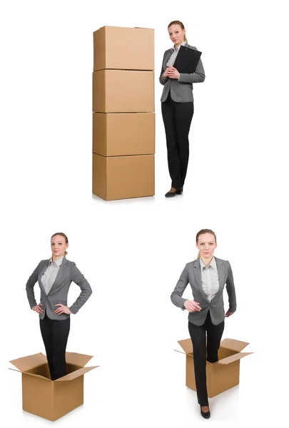 Sammansatt bild av kvinna med lådor på vitt — Stockfoto