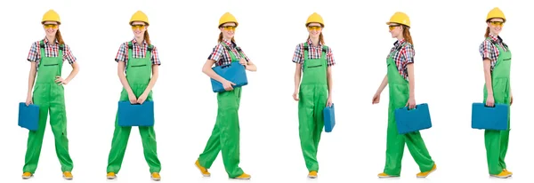 Woman in green coveralls isolated on white — Stock Photo, Image