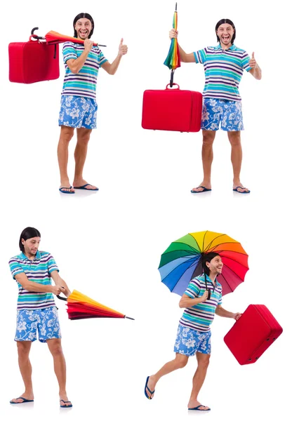 Resenär med rött fall och paraply isolerad på vitt — Stockfoto