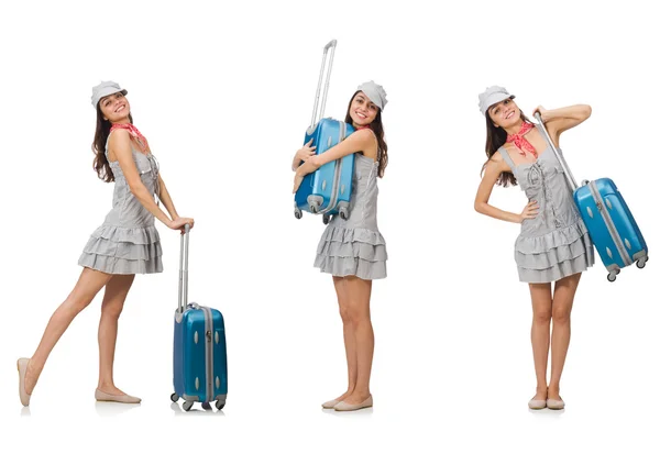 Travelling woman with suitcase isolated on white — Stock Photo, Image