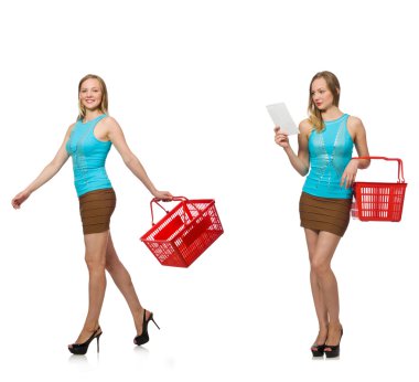 Alışveriş sepetli bir kadının birleşik fotoğrafı.