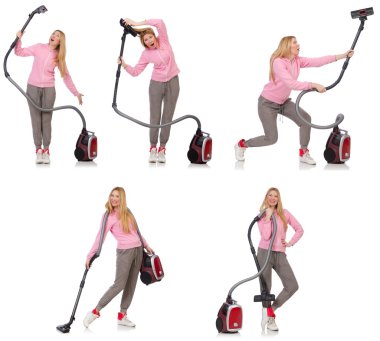 Elektrikli süpürgesi beyaz olan genç bir kadın.