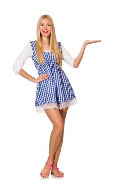 Caucasian woman in plaid blue dress isolated on white — Stock Photo, Image