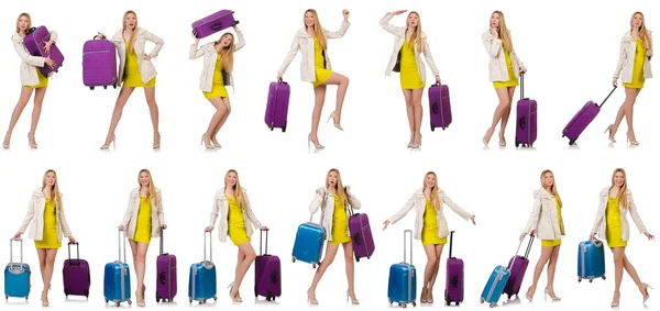 Γυναίκα ετοιμάζεται για διακοπές με βαλίτσα σε λευκό — Φωτογραφία Αρχείου