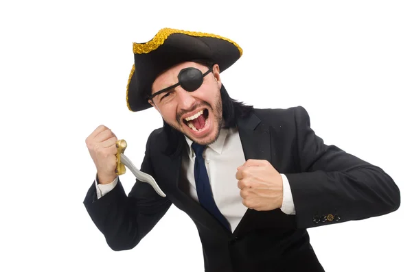 Piraat zakenman met sabre geïsoleerd op wit — Stockfoto