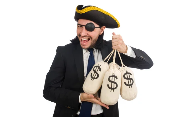 Hombre de negocios pirata sosteniendo bolsas de dinero aisladas en blanco — Foto de Stock