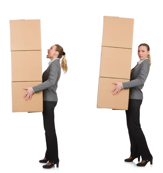 Imagen compuesta de mujer con cajas en blanco — Foto de Stock