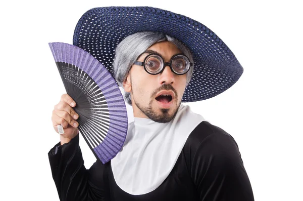 Hombre vistiendo traje de monja aislado en blanco — Foto de Stock