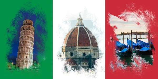 Italian flag with famous italian attractions — Stock Photo, Image