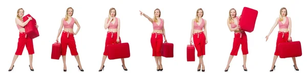 Travelling woman with suitcase isolated on white — Stock Photo, Image