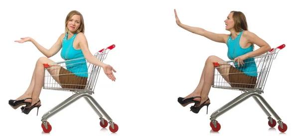 Kompozitní fotografie ženy s nákupním košíkem — Stock fotografie