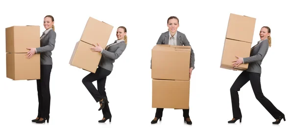 Imagen compuesta de mujer con cajas en blanco — Foto de Stock