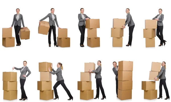 Composite image of woman with boxes on white — Stock Photo, Image