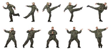 Asker üniformalı genç adam, beyazlar içinde.