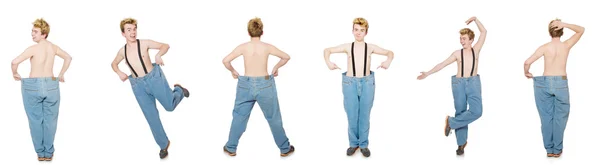Vtipný muž s kalhotami izolovanými na bílém — Stock fotografie