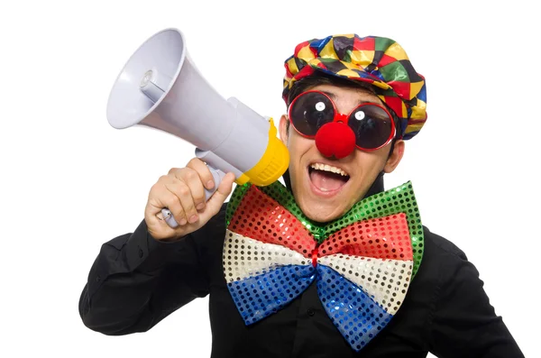 Clown met luidspreker geïsoleerd op wit — Stockfoto