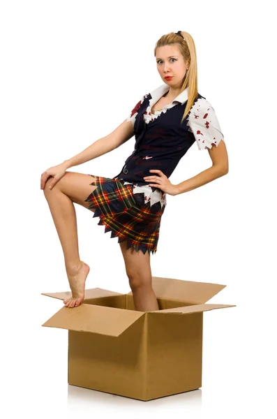 Žena s krabici izolovaných na bílém — Stock fotografie