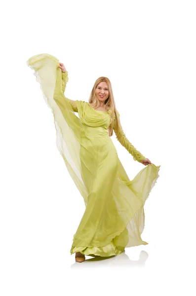 Ung kvinna i elegant lång grön klänning isolerad på vit — Stockfoto