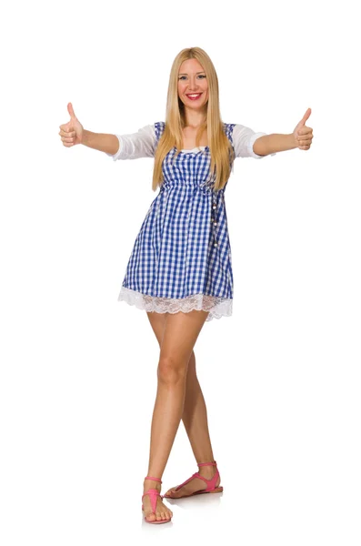 Caucasian woman in plaid blue dress isolated on white — Stock Photo, Image