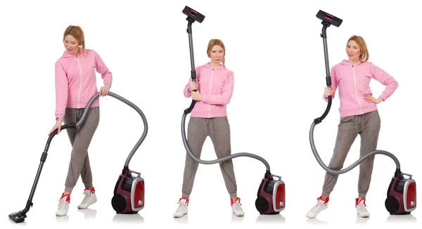 Young woman with vacuum cleaner on white — Stock Photo, Image