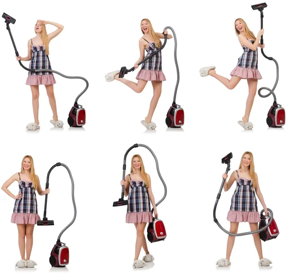 Young woman with vacuum cleaner on white — Stock Photo, Image