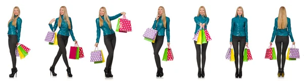 Donna con shopping bags isolata su bianco — Foto Stock