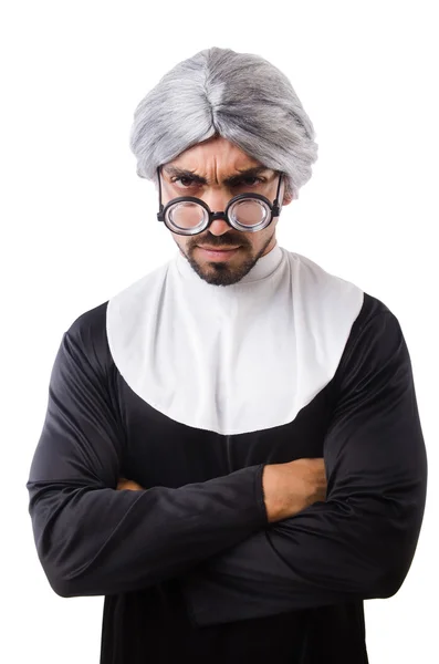 Homem vestindo roupa de freira isolado no branco — Fotografia de Stock