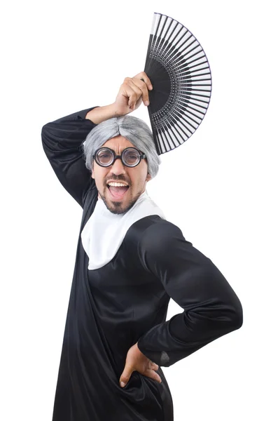 Hombre vistiendo traje de monja aislado en blanco — Foto de Stock