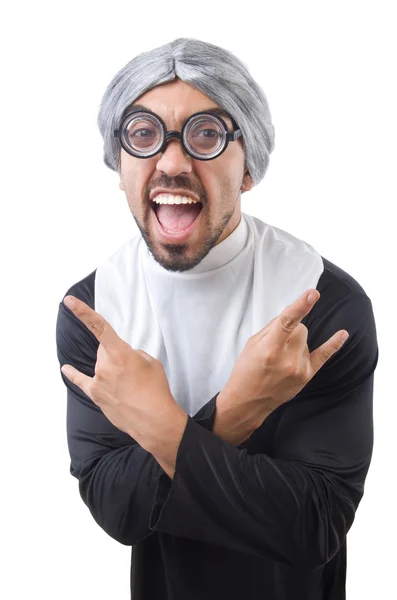 Homem vestindo roupa de freira isolado no branco — Fotografia de Stock