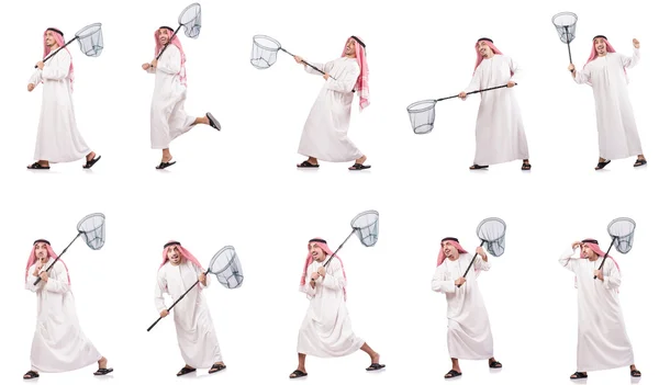 Hombre árabe con red de captura aislado en blanco — Foto de Stock