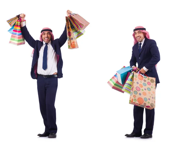 Арабський чоловік з подарунками на білому — стокове фото