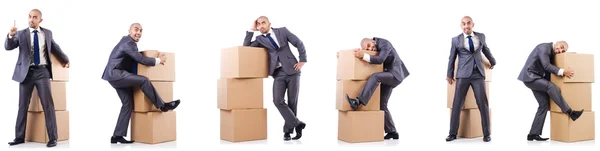 Fotók kollázsa férfival és dobozokkal — Stock Fotó