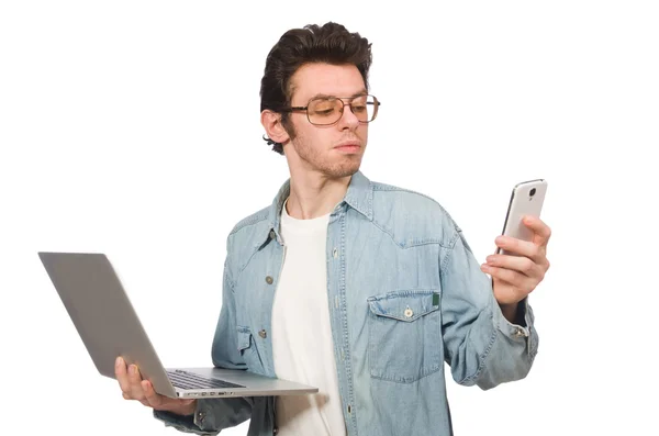 Jovem estudante com laptop isolado em branco — Fotografia de Stock