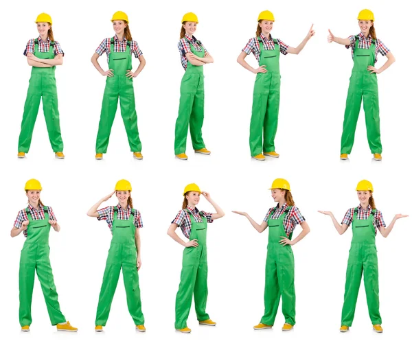 Woman in green coveralls isolated on white — Stock Photo, Image