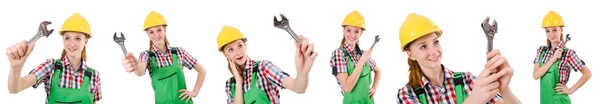 Construction worker female with wrench — Stock Photo, Image
