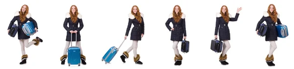 Žena s kufrem připravuje na zimní dovolenou — Stock fotografie