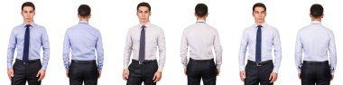 Moda konsepti olan genç bir adam beyazlara izole edilmiş.